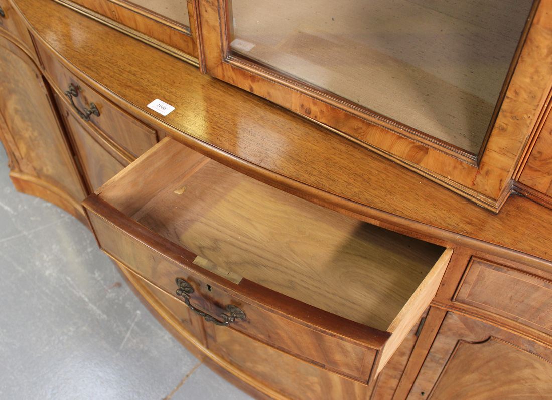 A 20th Century George III style flame mahogany and yew bookcase cabinet, the breakfront top with a - Image 2 of 3