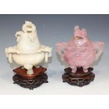 A Chinese rose quartz censer and cover, early 20th Century, the cover with Buddhistic lion finial,