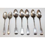 A set of five Irish provincial silver Fiddle pattern teaspoons, probably Belfast 1830, with makers