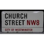Three enamelled City of Westminster street signs, comprising 'Edgware Road W2', 'Church Street