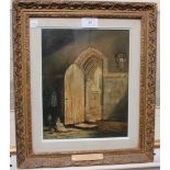Manner of David Roberts - Figure at a Doorway, oil on panel, bears signature, approx 26cm x 21cm,