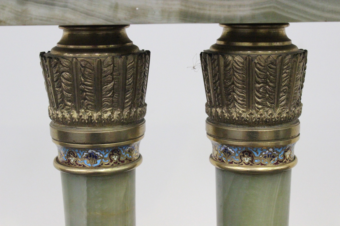 An early 20th Century green onyx and champlevé enamelled stand with overall gilt metal mounts, the - Image 4 of 6