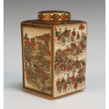 A Japanese Satsuma earthenware tea caddy and cover, Meiji period, of square section, the sides