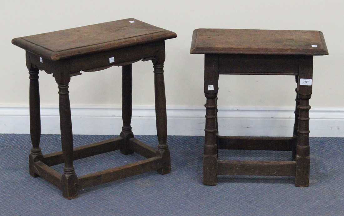 A Victorian oak joint stool, the moulded top above ring turned legs united by block stretchers,