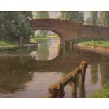 William Knight - Man fishing in a Canal, mid-20th Century oil on canvas, signed, approx 44.5cm x