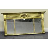 A Regency giltwood overmantel mirror, the reeded freeze and shell mount above a triple section