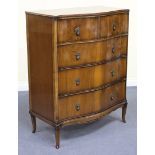 A 20th Century walnut serpentine fronted chest of two short and three long drawers, on cabriole