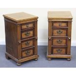 A pair of late Victorian walnut chests of four drawers with applied mouldings, raised on turned