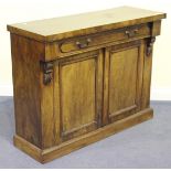 A Victorian walnut chiffonier base, fitted with a drawer and a pair of doors, on a plinth base,