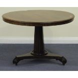 A Victorian mahogany circular tip-top breakfast table, on a triform base with scroll feet, height