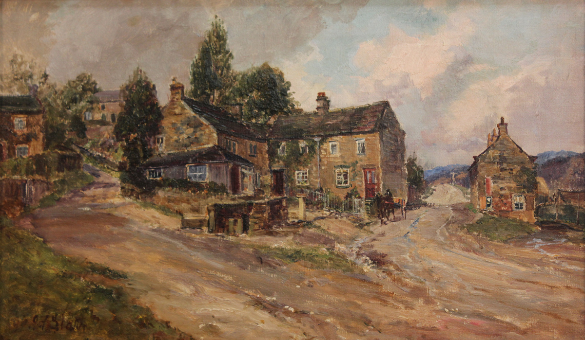 John Falconer Slater - Village Scene near Durham, oil on canvas, signed, approx 29cm x 49cm,