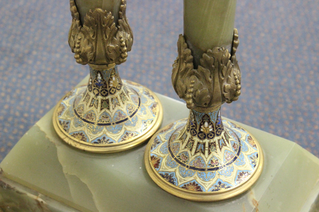 An early 20th Century green onyx and champlevé enamelled stand with overall gilt metal mounts, the - Image 5 of 6