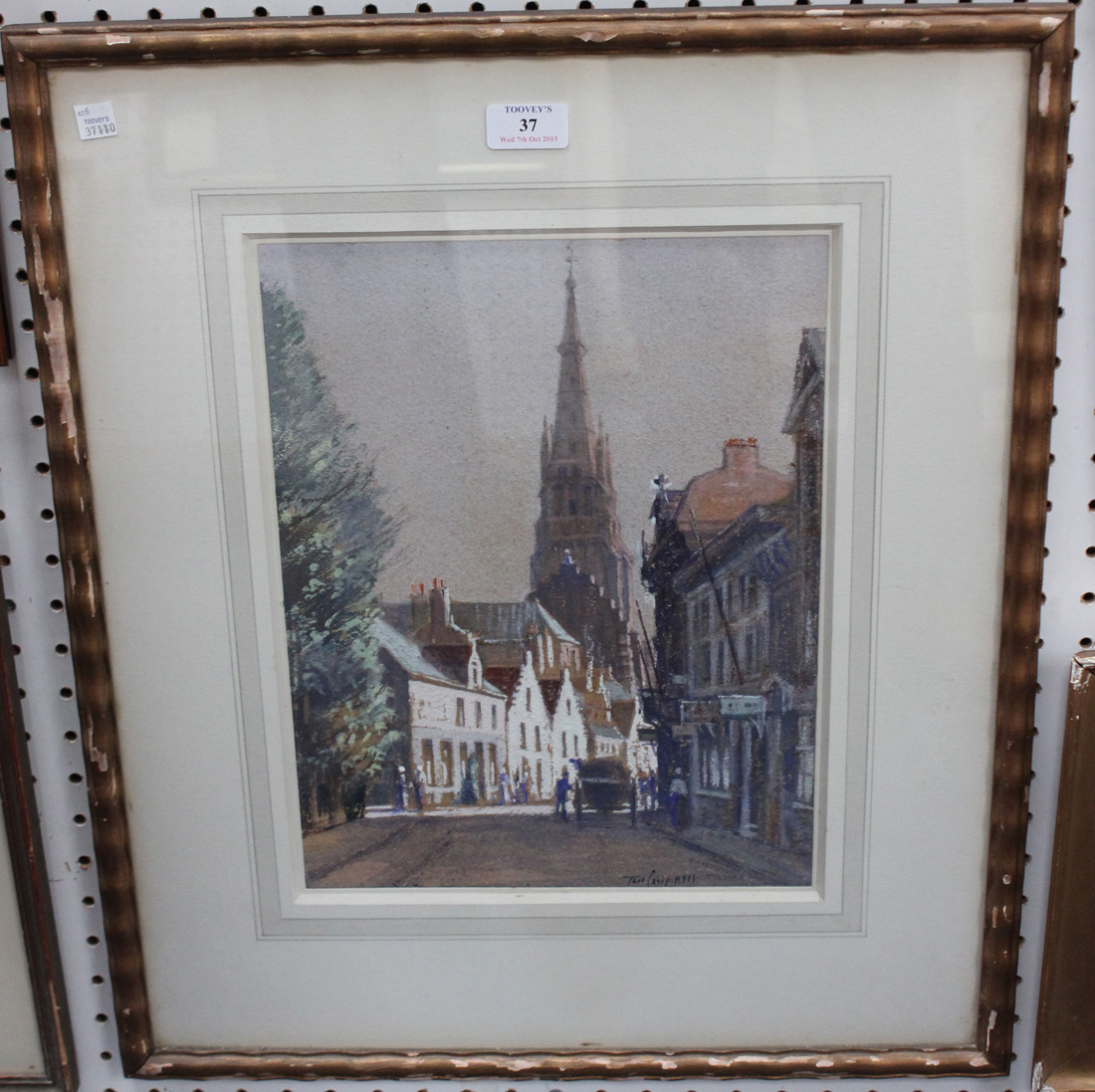 Tom Campbell - 'A Street in Bruges', watercolour and gouache, signed recto, titled label verso,