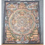 A Tibetan thangka, 20th Century, painted with a circular panel of Buddhistic deity within a surround