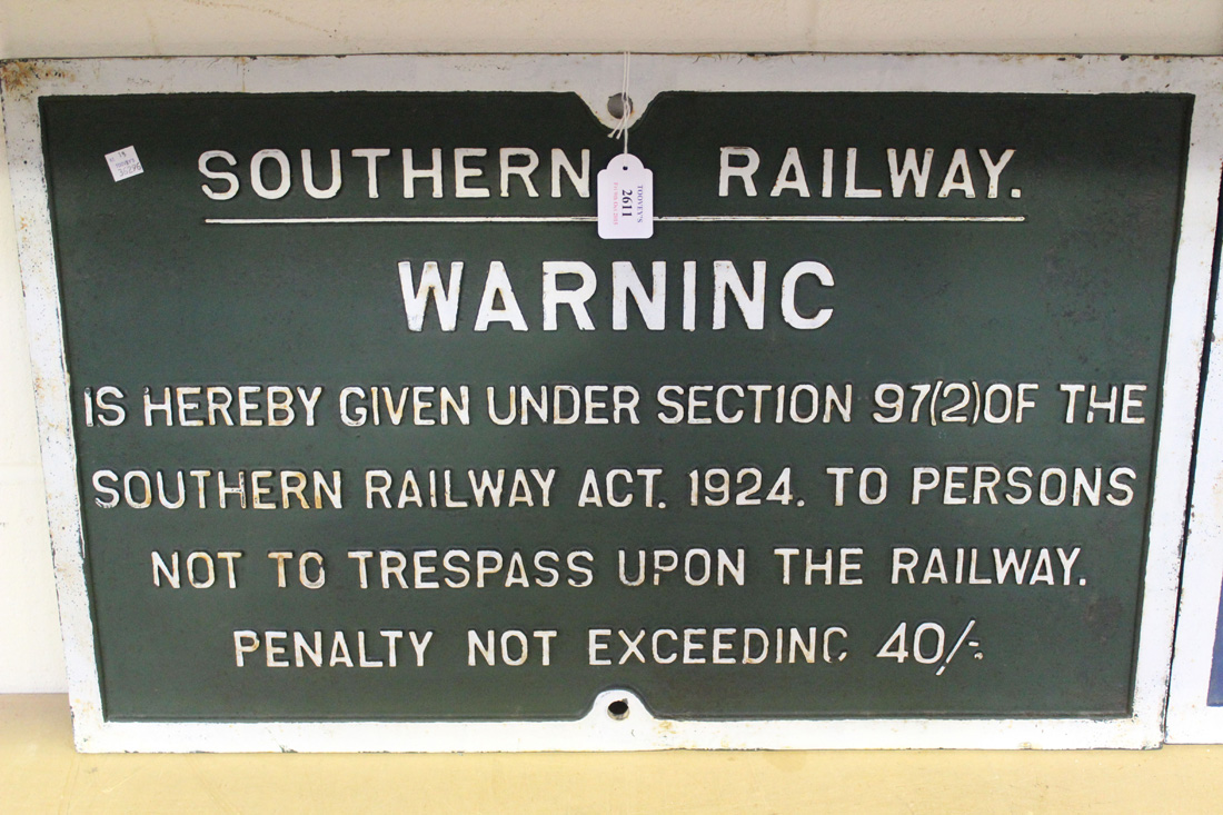 A cast metal rectangular sign, marked 'South Railway Co ... Private Road', approx 48.5cm x 67cm, and