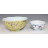 A Chinese doucai porcelain bowl, mark of Yongzheng but 20th Century, the exterior painted with