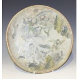 A Chinese alabaster circular plate, late Qing dynasty, painted with a warrior on horseback and his