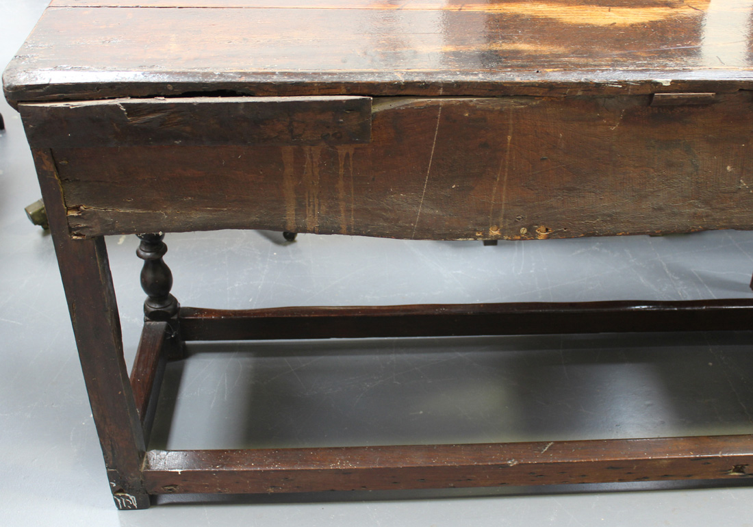 A late 17th/early 18th Century oak dresser base, the two-plank top above three frieze drawers with - Image 3 of 6