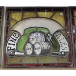 A set of six stained and leaded glass panels, two decorated with a stack of three barrels and