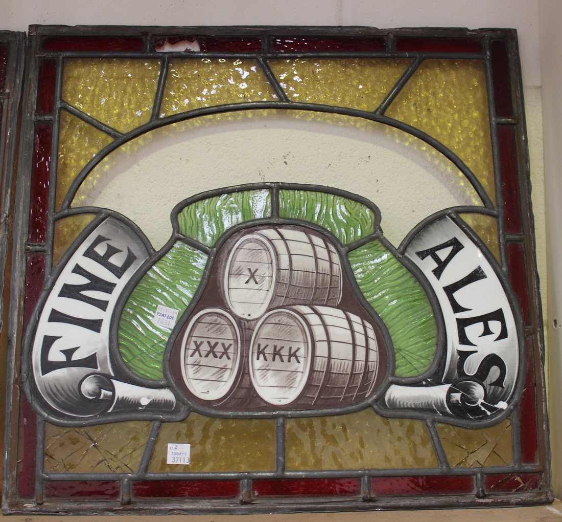 A set of six stained and leaded glass panels, two decorated with a stack of three barrels and - Image 3 of 3