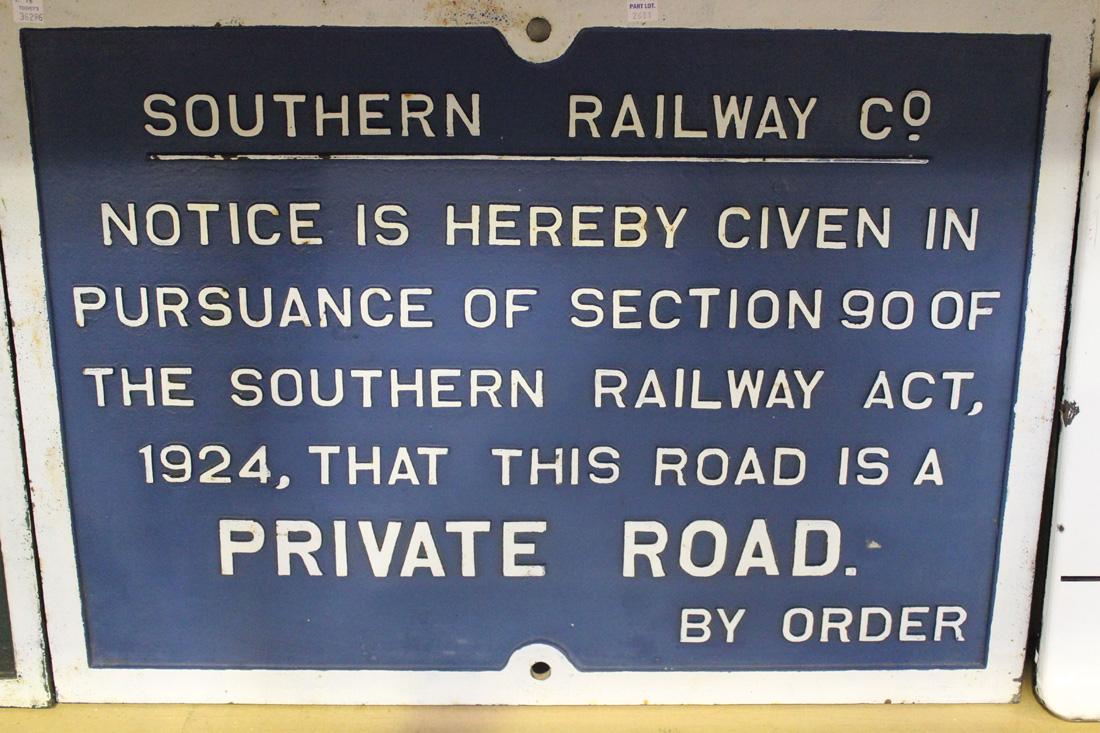 A cast metal rectangular sign, marked 'South Railway Co ... Private Road', approx 48.5cm x 67cm, and - Image 2 of 2