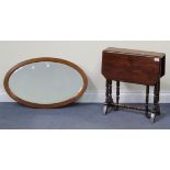 An Edwardian Sutherland occasional table and an oval mirror, approx 75cm x 46cm.