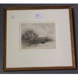 Attributed to John Varley - 'On a River at Dusk', monochrome watercolour, labels verso, approx