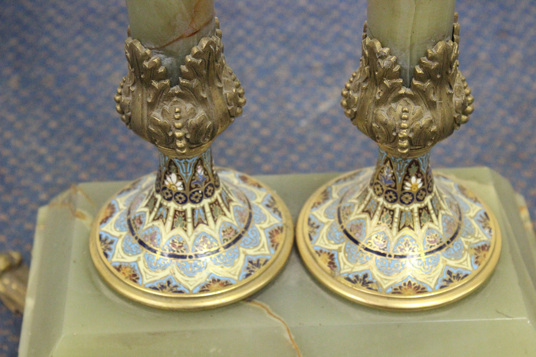 An early 20th Century green onyx and champlevé enamelled stand with overall gilt metal mounts, the - Image 3 of 6