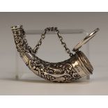 A Victorian silver novelty cornucopia combination vinaigrette and stem bottle, chased with birds and