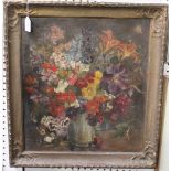 E.A.B. - Still Life Study of Garden Flowers in a Jug, oil on canvas, signed with initials and