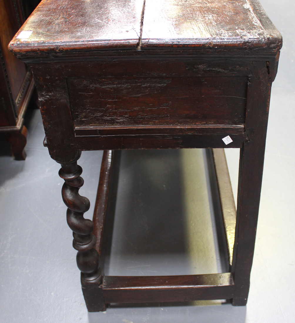 A late 17th/early 18th Century oak dresser base, the two-plank top above three frieze drawers with - Image 2 of 6