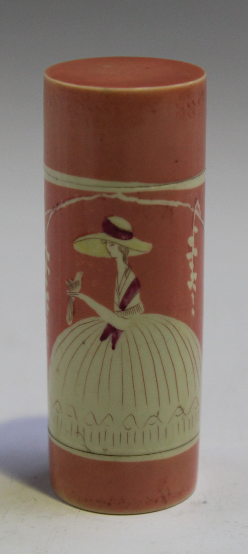 An Art Deco stained pink ivorine cylindrical nécessaire, the body decorated with a lady standing - Image 3 of 3