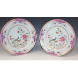 A pair of Chinese famille rose export porcelain circular dishes, Qianlong period, each centre