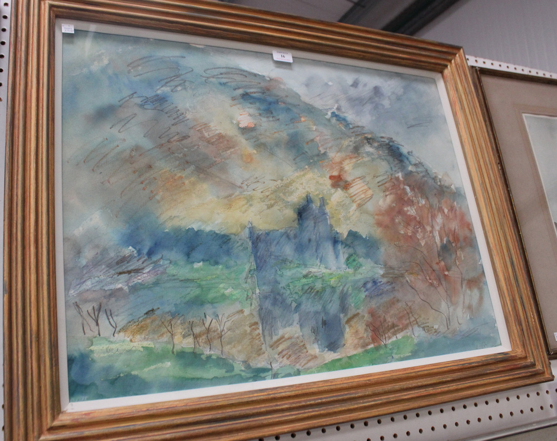 Andrew Brown - 'Kilchurn Castle', watercolour and crayon, signed and dated '97 recto, titled label