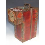 A Japanese brass mounted elm street vendors compendium, Meiji period, the top fitted with two wells,