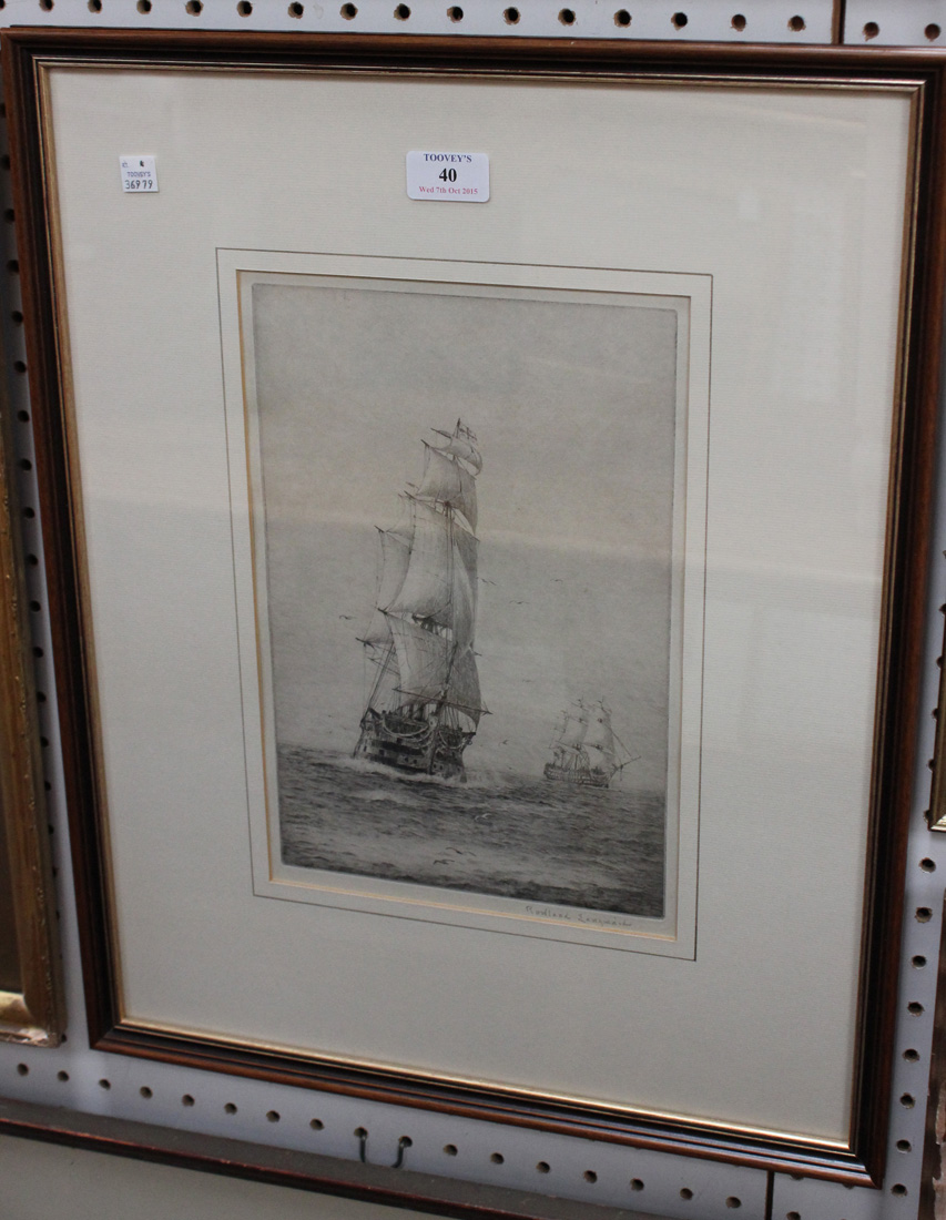 Rowland Langmaid - H.M.S. Victory & Temeraire, 20th Century monochrome etching, signed in pencil,