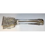 A pair of Edwardian silver Albany pattern asparagus tongs, with pierced and engraved blades,