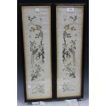 A pair of Chinese silk embroidered sleeve panels, early 20th Century, each worked in coloured