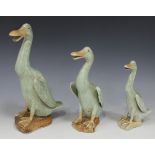 A graduated set of three Chinese celadon glazed figures of standing ducks, Republic period,