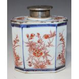 A Chinese Imari export porcelain tea caddy, Kangxi period, of canted corner form, painted in iron
