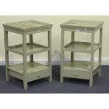 A pair of 20th Century painted three-tier bedside tables, fitted with single drawers, on block