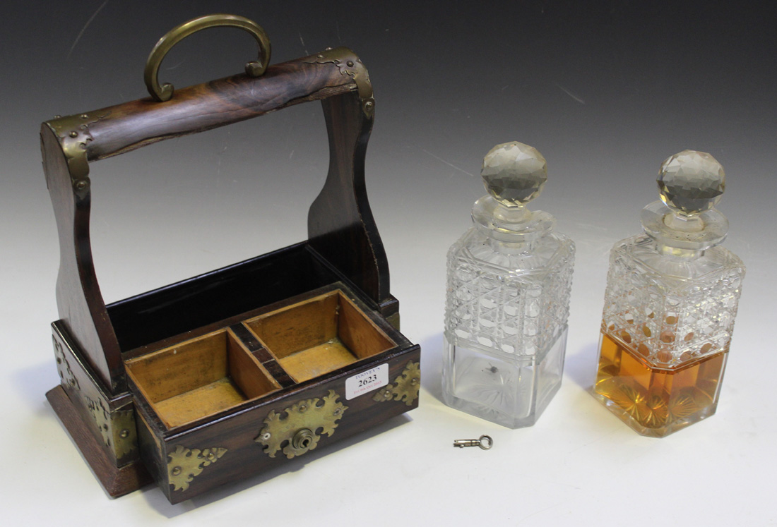 A late Victorian coromandel and brass mounted two bottle tantalus with hobnail cut glass - Image 3 of 4