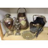 A collection of metalware, including a copper and brass coal scuttle, a copper urn, a cast iron