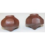 A rare pair of Chinese Yixing stoneware pipe bowls, probably 19th Century, each of octagonal form,