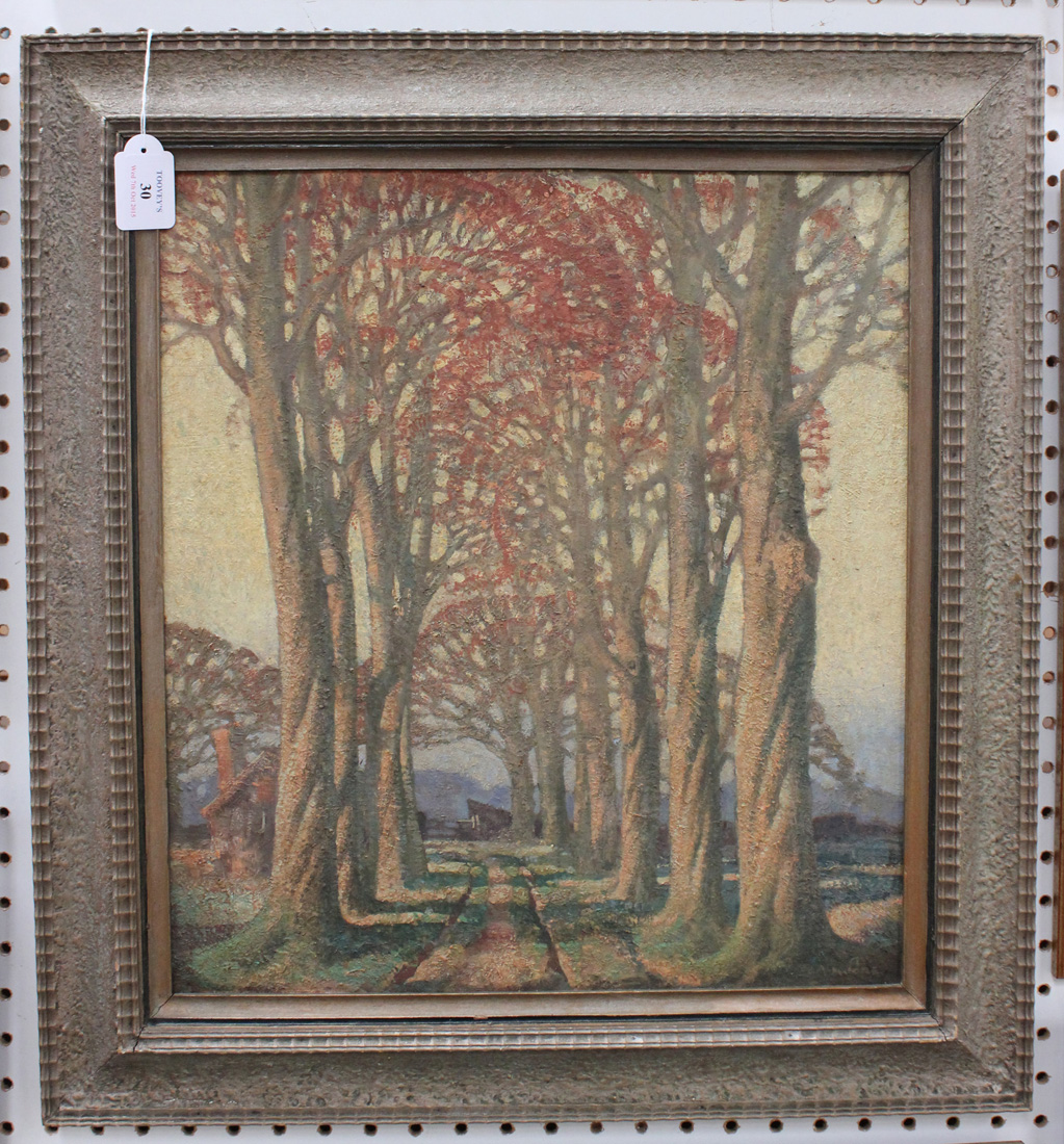 A. Moore - An Avenue of Beech Trees, oil on board, signed, approx 44cm x 39.5cm, within a painted