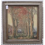 A. Moore - An Avenue of Beech Trees, oil on board, signed, approx 44cm x 39.5cm, within a painted