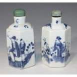 A near pair of Chinese blue and white porcelain hexagonal snuff bottles, late 19th Century, each