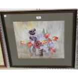 Elsie Woods - 'Tulips and Lilac', watercolour, signed recto, titled label verso, approx 37cm x 43.