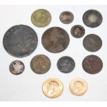 A George V sovereign 1912, a George V half-sovereign 1911, a William IV farthing 1831, a forgery