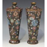 A pair of Japanese cloisonné vases, Meiji period, each of hexagonal tapering form, decorated with